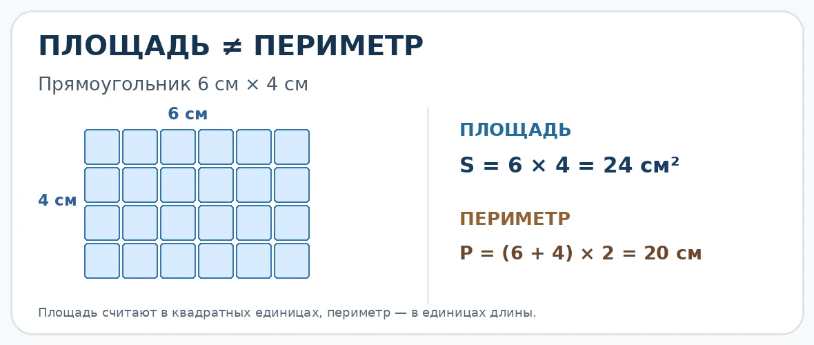 Пример прямоугольника 6 на 4 клетки: площадь 24 квадратных сантиметра, периметр 20 сантиметров