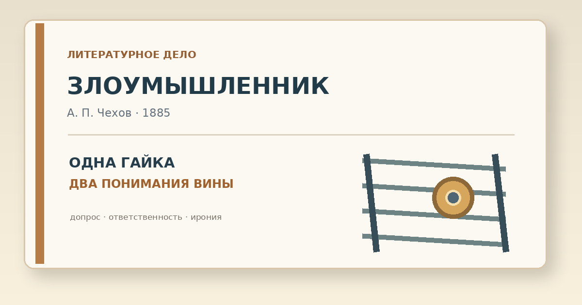Схема разбора рассказа Чехова Злоумышленник: гайка, рельсы, рыбачий грузик и столкновение двух точек зрения