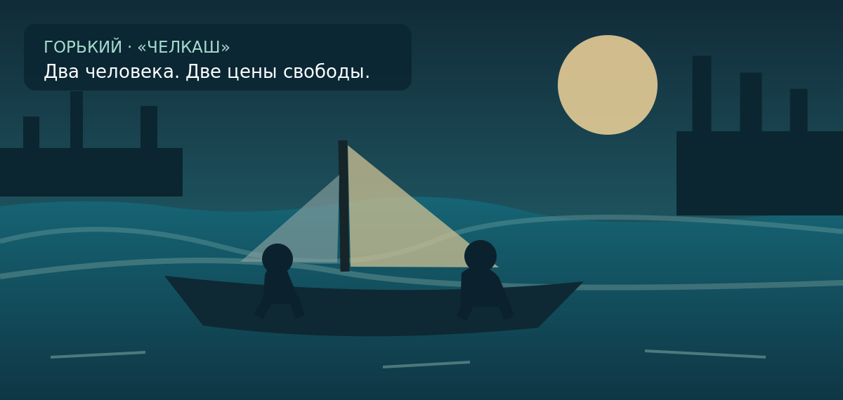 Лодка и два силуэта в ночной гавани — авторская иллюстрация к рассказу Горького «Челкаш»